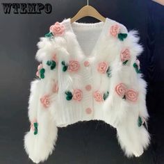 Crochet Cardigan Pattern Free: Trendy and Chic Rose Cardigan, Flower Sweater, Flower Shorts, Cardigan Fashion, Knitted Cardigan, Fashion Mode, Sweater And Shorts, Stylish Dresses, Crochet Clothes