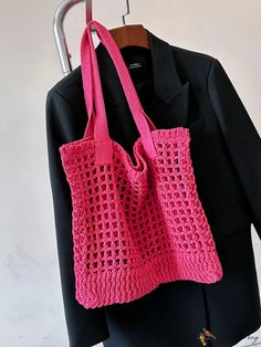 BirdinBag - Large Capacity Crochet Bag with Neon Pink Hollow Out Design Tropical Style, Crochet Bags, Handle Bag, Large Bags, Womens Tote Bags, Crochet Bag, Neon Pink, Pink Yellow, Hot Pink