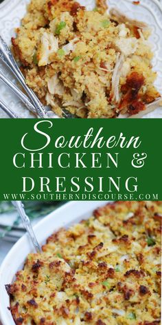 southern chicken and dressing recipe in a casserole dish