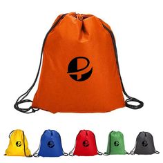 an orange drawsack bag with the letter p on it and six different colors in front