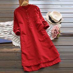 Questions? Leave A Comment Below! Casual Red Long Sleeve Tunic, Red Cotton Long Sleeve Tunic, Red Long Sleeve Cotton Tunic, Vintage Shirt Dress, Vestidos Retro, Salwar Kamiz, Linen Shirt Dress, Shirt Dress Style, Vestidos Vintage