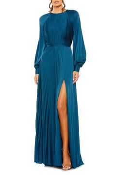 Ieena for Mac Duggal Pleated Long Sleeve Satin A-Line Gown | Nordstrom High Neck Gown, Summer Bridesmaid Dresses, Pleated Gown, Designer Prom Dresses, Prom Designs, Pleated Bodice, Chiffon Gown, Mac Duggal, Tea Length Dresses