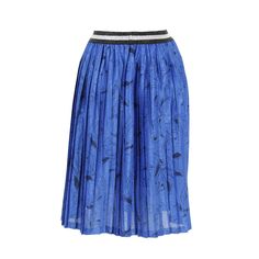 Blue floral pleated skirt has a comfortable fit with lastic waistband. The mid knee length skirt can be styled daily. The shiny waistband adds a chic touch. Only dry clean Chic Blue Accordion Pleated Skirt, Elegant Midi Pleated Skirt With Elastic Waistband, Chic Blue Skirt With Accordion Pleats, Blue Pleated Midi-length Skirt, Blue Relaxed Pleated Skirt With Elastic Waistband, Blue Pleated Skirt With Elastic Waistband, Spring Midi Pleated Skirt With Elastic Waistband, Blue Flowy Pleated Skirt With Elastic Waistband, Blue Flowy Midi Pleated Skirt