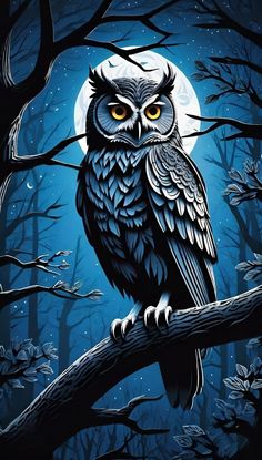 an owl sitting on a tree branch with the moon in the background