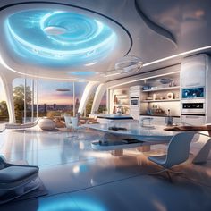 the interior of a futuristic kitchen with blue lights on the ceiling and white furniture in the center