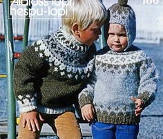 two young boys in knitted sweaters and hats on a swing set with the caption knitting pattern 101