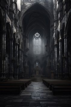 an empty gothic church with pews and stained glass windows