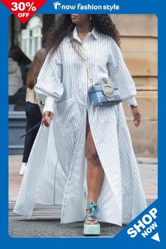 knowfashionstyle White Casual Stripe Print Buttons Turndown Collar Long Sleeve Vacation Plus Size Maxi Shirt Dresses Stylish Work Attire, Effortlessly Chic Outfits, Maxi Shirts, Plus Size Vintage, Classy Casual Outfits, Maxi Shirt Dress, African Design Dresses, Casual Chic Outfit, Casual Stripes