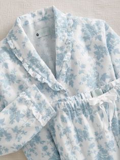 Sleep Soundly in the Soft Comfort of Our All-Cotton Flannel Toile Pajamas French Pajamas Aesthetic, French Pjs, Retro Pjs, Light Blue Pajamas, Toile Pajamas, Spring Pjs, Piyama Korea, Pajamas Toile, White Floral Print Sleepwear For Relaxation