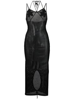 black knitted construction semi-sheer construction leaf embroidery spaghetti straps scoop neck rear slit halterneck tie fastening below-knee length Leather Sweater, Obx Dr, Dress Knit, High Fashion Outfits, My Fashion Style, Airport Fashion, Knit Midi, Knit Sweater Dress, Knit Midi Dress