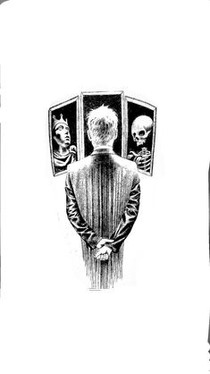 a black and white drawing of a man looking at himself in the mirror