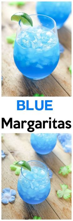 blue margaritas with mint garnishes and text overlay that says blue margaritas