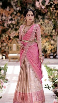 Saree | Saree Blouse | Wedding saree | bridal saree | bridal saree blouse | saree blouse designs Half Saree Ideas For Engagement, Light Pink Half Sarees, Half Saree Lehenga For Wedding, Simple Lehengas Indian, Lehanga Designs Pattu Lehenga, Pink South Indian Bridal Saree, Saree Ideas For Engagement, Engagement Langa Voni, Pattu Half Saree Blouse Designs Latest