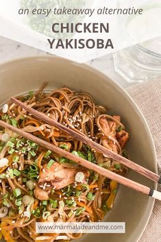 an easy takeaway alternative for chicken yakisoba in a bowl with chopsticks