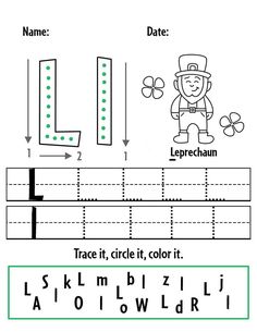 the letter l is for leprechann worksheet with pictures and words