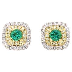 RareGemWorld's classic emerald earrings. Mounted in a beautiful 18K Yellow and White Gold setting with natural round cut green emerald's. The emerald's are surrounded by natural round white diamond melee and natural round yellow diamond melee. These earrings are guaranteed to impress and enhance your personal collection! Total Weight: .91cts Natural Round Emerald Natural Round White Diamonds 18K Yellow/White Gold All diamonds are guaranteed natural International Shipments: Please note that customers are responsible for all import duties and taxes applicable to the country of shipment Returns: Returns accepted in original format within 14 days of receipt Do not forget to view our entire inventory! Thank you for reviewing our item Classic Diamond Earrings, Earring Video, White Gold Set, Gold Stud Earrings, Emerald Earrings, Emerald Stone, Gold Stud, Modern Earrings, Baguette Diamond