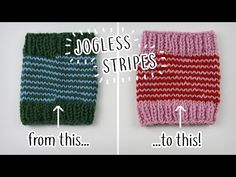 two knitted mitts with the words joggles stripes written in white and red