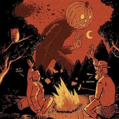 three men sitting around a campfire with an evil pumpkin on it's head