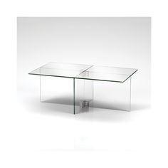 a glass table with two tables underneath it on a white surface and one is empty