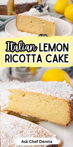 a lemon ricotta cake with powdered sugar on top and the words italian lemon ricotta cake above it