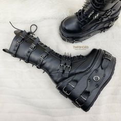 Swing 327 Black Knee Boot 5.5" Platform Studs & Spikes Goth Rave Boot Restock NY | Totally Wicked Footwear Rave Boots, Goth Platforms, Grunge Shoes, Demonia Boots, Goth Rave, Black Knee Boots, Rock Boots, Goth Shoes, Studs And Spikes