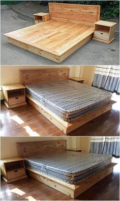 the bed frame is made out of wood and has drawers on each side for storage