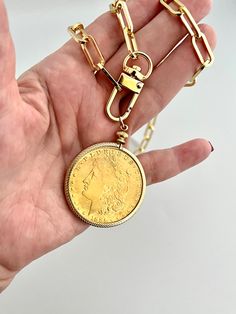 Vintage Coin Necklace-Coin Jewelry-Bezel Setting-Gold Chain Necklace-Gold Reproduction Coin-Liberty Coin-Spring Clasp-Coin Jewelry A beautiful brass, gold plated, paperclip link chain necklace with a reproduction 22k gold plated vintage Liberty coin with a gold bezel. The pendant is a double sided 22k gold plated coin with a gold bezel finish and can be worn on either side. The spring lock closure not only makes it easy to open and close the necklace for those with difficulty but adds to the cre Vintage Gold-tone Chain Necklace With Coin Pendant, Gold Plated Paperclip Chain Necklace, Yellow Gold Paperclip Chain Brass Necklace, Vintage Oval Link Chain Necklace As Gift, Yellow Gold Brass Paperclip Chain Necklace, Vintage Gold Necklace With Paperclip Chain, Vintage Gold Chain Necklace With Paperclip Chain, Vintage Gold Jewelry With Paperclip Chain, Vintage Gold Paperclip Chain Necklace