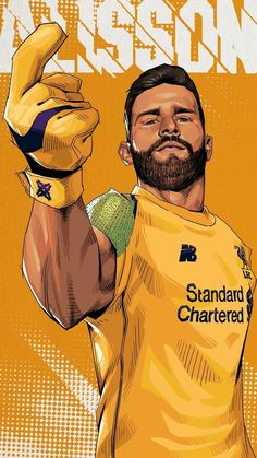 a drawing of a man with a beard and yellow jersey holding his hand up in the air