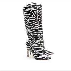 Style No. 78031689; Color Code: 018 Turn Heads With These So Wild Knee-High Boots, Featuring A Striking Stiletto Heel And Patent Leather Finish. Features: Knee-High Style, Patent Leather Uppers, Pointed Toe, Wavy Collar, Stiletto Heel, Zebra Print Why We <3 It: Pair These Boots With Your Favorite Mini Skirt Or Dress For A Super Fun Night-Out Look. Zebra Print Boots, Maxi Blazer, Boot Print, Free People Shoes, Color Code, Tall Boots, Zebra Print, Stiletto Heel, Shoes Heels Boots