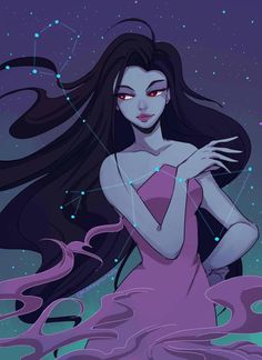 an image of a woman with long hair and red eyes standing in the water at night