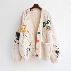 Patchwork Cardigan, Retro Mode, Embroidered Cardigan, Embroidered Sweater, Embroidery Fashion, Oversized Cardigan, Loose Sweater, Style Streetwear, Knit Fashion