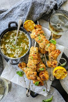 chicken skewers with lemon and parmesan sauce