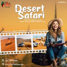 a woman sitting on top of a suitcase in front of a desert safari scene with cars and trucks