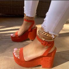 - Orange Faux Suede- Open Toe- Ankle Strap with Adjustable Buckle- Chunky Platform Wedge Sole, Approx. 4” Fits True To Size Heels Wedge, Orange Heels, Bridal Heels, Ankle Strap Wedges, Wedge Heel Sandals, Hot Shoes, Pretty Shoes, Lace Up Heels, Heel Sandals