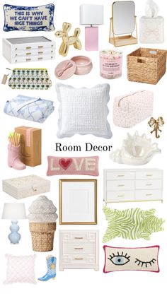 room decor collage with white furniture and pink accessories