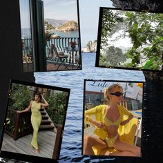 a collage of photos showing different women in bikinis and swimsuits on the water