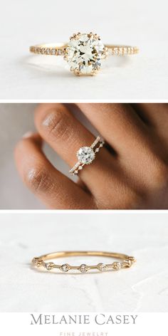 two different views of a diamond ring with the words melanie casey on it