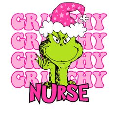 the griny green nurse is wearing a pink santa hat and has her hands on her head