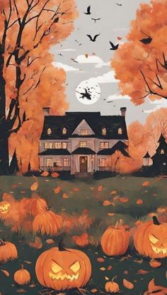 a painting of pumpkins in front of a house