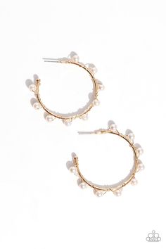 Night at the Gala - Gold & Pearl Hoop Earrings - Chic Jewelry Boutique A classy collection of dainty white pearls are wrapped along the outside curve of a shiny, gold hoop by shimmery gold wire for a handcrafted, posh finish. Earring attaches to a standard post fitting. Hoop measures approximately 1 1/4" in diameter. Featured inside The Preview at Made for More! Sold as one pair of hoop earrings. Order Date: 8/16/2023 Gold Pearl Earrings, Pearl Hoop Earrings, Paparazzi Accessories, White Necklace, Chic Jewelry, Colourful Necklace, Pink Bracelet, Gold Wire, Gold Hoops