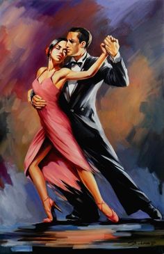 a painting of two people dancing in the rain with one holding his arm around the other