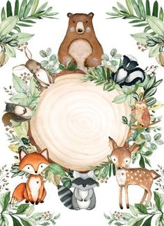 a watercolor painting with animals and leaves around it