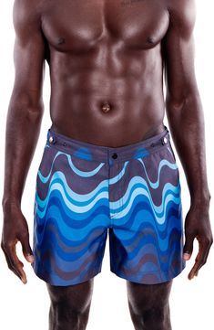 Lightweight, quick-drying fabric takes you from the party to the pool and back in flat-front swim trunks that double as easy-wearing shorts when you're on land. They're crafted with 100% recycled fibers to make a smaller eco splash and sport a trio of pockets for easy storage of essentials. Style Name:Prince & Bond Elvio Tailored Wave Print Hybrid Swim Trunks. Style Number: 6589857. Blue Swim Trunks For Water Polo, Fitted Moisture-wicking Swim Trunks For Beach Season, Moisture-wicking Fitted Swim Trunks For Beach Season, Fitted Blue Swim Trunks For Water Polo, Blue Fitted Swim Trunks For Water Polo, Blue Nylon Bottoms For Water Polo, Blue Fitted Swim Trunks For Swimming, Fitted Nylon Swim Trunks For Water Sports, Fitted Nylon Swim Trunks For Vacation