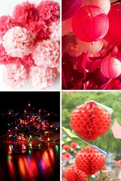 red and pink paper lanterns hanging from strings