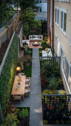 an outdoor patio with seating and fire pit