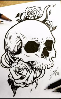 a drawing of a skull with roses on it