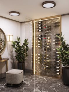 a wine rack in the corner of a room next to a mirror and potted plants