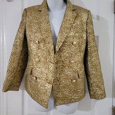 Sizes 4, 8 Myla Metallic Designer Tailored Blazer With Gold Buttons, Designer Outerwear With Gold Buttons And Notch Lapel, Designer Tailored Outerwear With Gold Buttons, Luxury Evening Blazer With Gold Buttons, Gold Notch Lapel Outerwear For Evening, Gold Double-breasted Elegant Blazer, Designer Single-breasted Gold Blazer, Gold Elegant Double-breasted Blazer, Elegant Gold Double-breasted Blazer