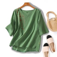 Women's Cotton Linen Blouse Embroidery Floral V-Neck Mid Sleeve Loose Light Weight Linen Top Spring V-neck Tunic With Embroidered Neckline, Casual V-neck Blouse With Embroidered Neckline, Green Long Sleeve Tops With Embroidered Neckline, Green Long Sleeve Top With Embroidered Neckline, Green Embroidered V-neck Top, Traditional V-neck Blouse With Embroidered Hem, Casual V-neck Blouse With Embroidered Hem, Spring Embroidered V-neck Tunic, Embroidered V-neck Tunic For Spring