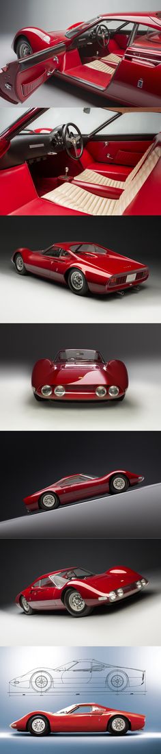 three different views of a red sports car